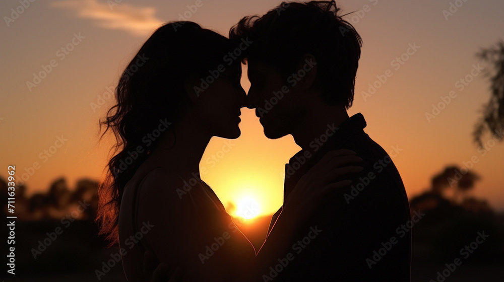 The silhouette of lovers embracing at sunset