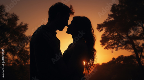 The silhouette of lovers embracing at sunset