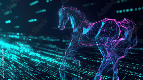 Concept of Trojan horse, deceptive software disguised as legitimate program, executing harmful actions without authorization, compromising data security, and deceiving users for unauthorized access. photo
