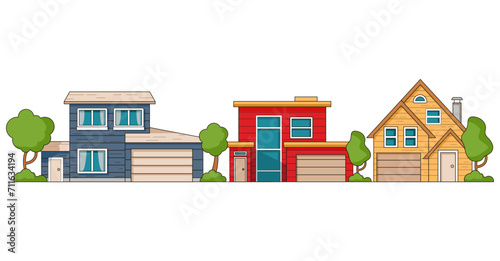 Village neighborhood line art vector.Simple house icon cityscape.Urban landscape with city street or district.Cityscape with residential houses.Isolated on white background.