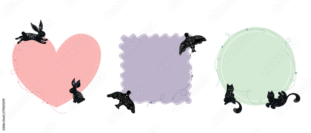 Set of templates decorated with animal silhouettes drawn in boho style. Black rabbits, cats and doves with white ornament and botanical elements. Vector illustration