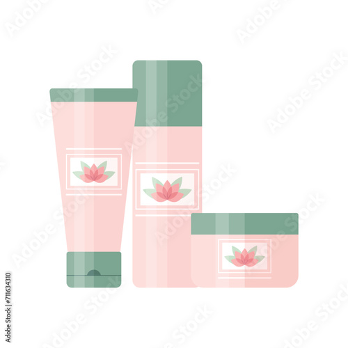 Set of cosmetic products like cleansing gel, toner and face cream. Bottles and tubes for beauty and skin care decorated with lotus flower logo. Vector illustration