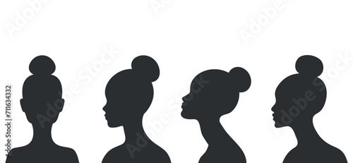 Abstract women silhouettes set. Faceless women with bun on the head portraits. Vector illustration