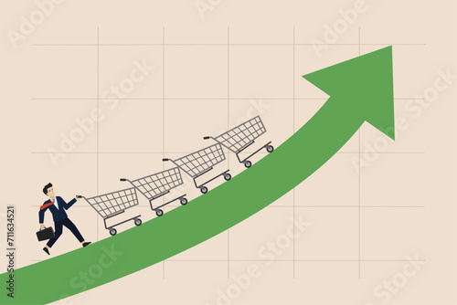 Increase sales or profit, marketing strategy concept, purchasing power growth, businessman sale manager push role of shopping cart trolley up rising arrow..