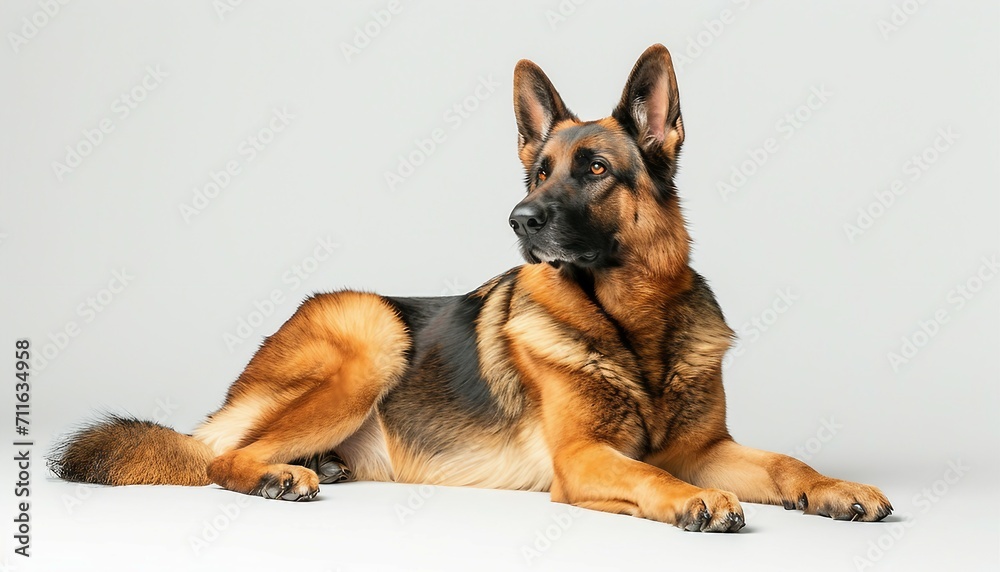 Feature a German Shepherd in a proud and alert stance against a clean white background, highlighting the breed's intelligence and loyalty.