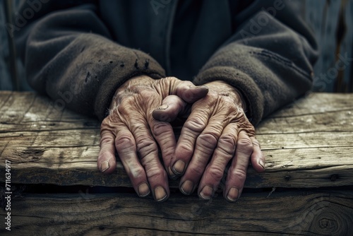 Elderly Mans Weathered Hands Resting On Wooden Surface, Vintage Style