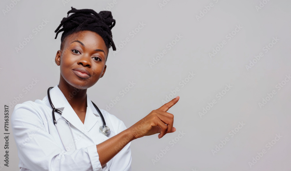african american doctor points finger highlighting or giving directions on copy space african american doctor points finger highlighting or giving directions on copy space