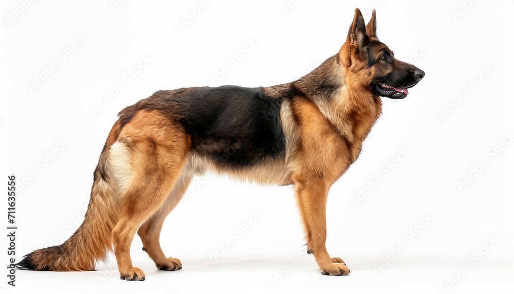 Feature a German Shepherd in a proud and alert stance against a clean white background, highlighting the breed's intelligence and loyalty. Feature a German Shepherd in a proud and alert stance against a clean white background, highlighting the breed's intelligence and loyalty.