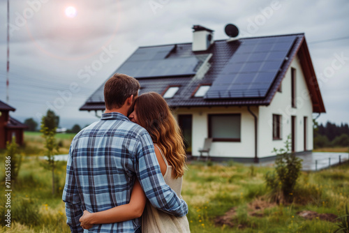 Delighted Couple Enjoy Energy Savings With Solar Panels On Green Real Estate Property