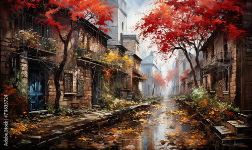 Colorful watercolor, city street with autumn trees.
