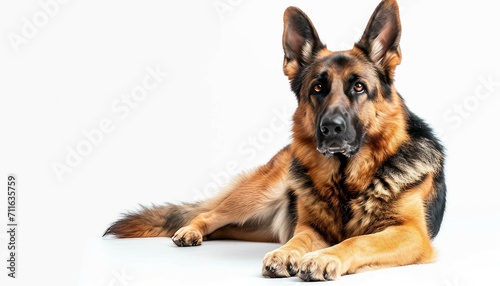 Feature a German Shepherd in a proud and alert stance against a clean white background  highlighting the breed s intelligence and loyalty.