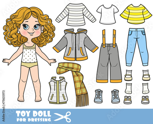 Cartoon girl with curle haired and clothes separately -  insulated set of jacket and trousers  scarf  boots  jeans and -shirts