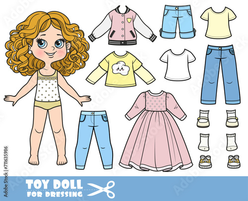 Cartoon girl with curle haired and clothes separately - elegant dress, sport jacket, shorts, shirts, jeans and sandals doll for dressing
