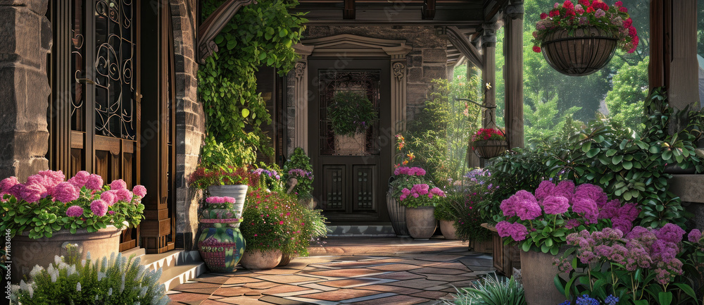 Enchanting entryway adorned with vibrant hydrangeas and lush greenery, a welcoming floral embrace
