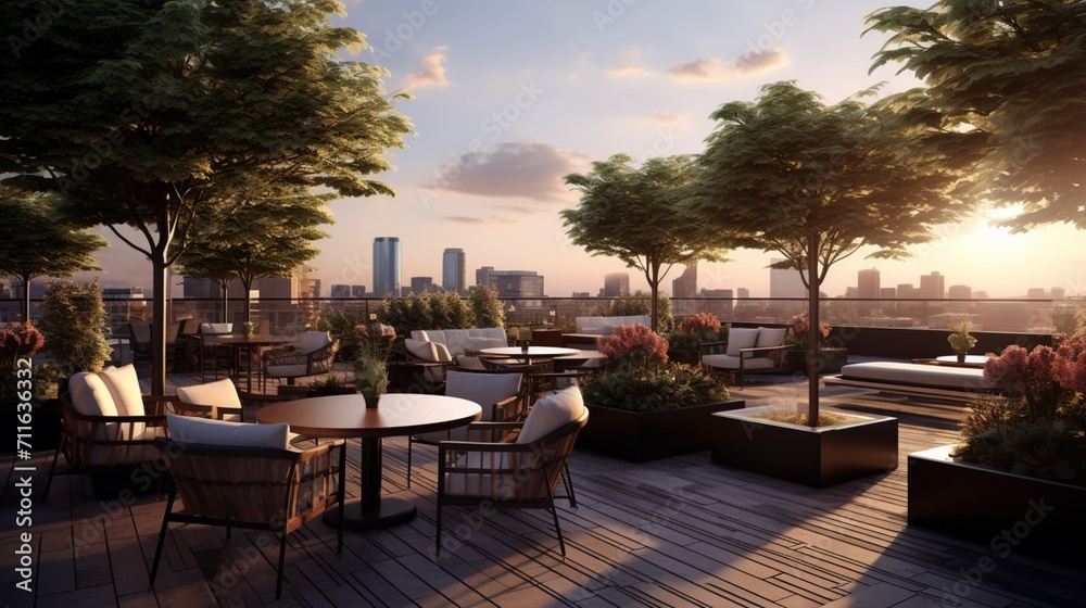 A chic city rooftop bar with panoramic city views, offering space for text placement amidst the stylish atmosphere and cityscape backdrop. - Generative AI - obrazy, fototapety, plakaty 