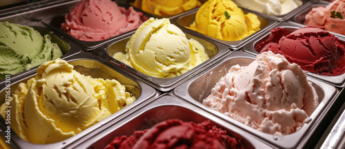 Assorted gelato flavors in a display case offer a tempting treat of creamy indulgence and color © Ai Studio