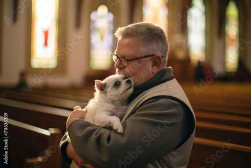 Saint Anthony's blessing of animals. Elderly man accompanied by his dog attend a mass on occasion o Saint Anthony's Day photo