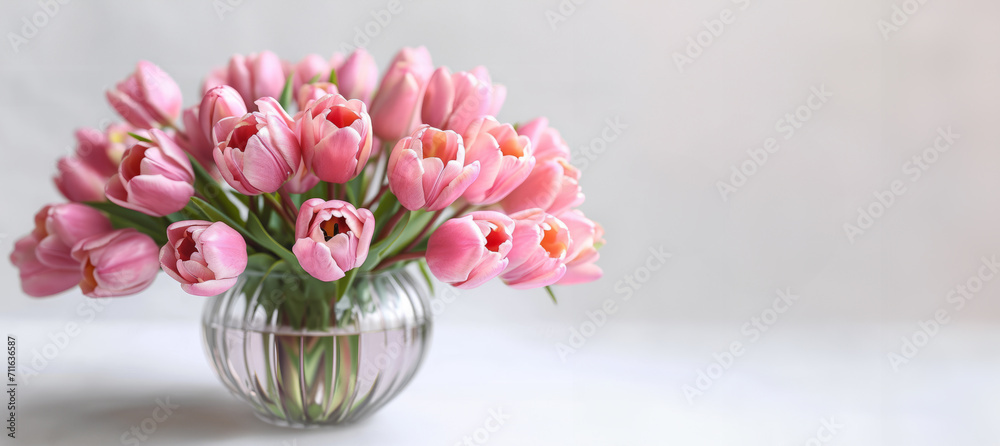 Delicate pink tulips in modern glass vase on light background

