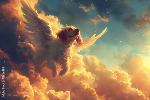 Dog With Angel Wings Soaring Through Heavenly Clouds photo