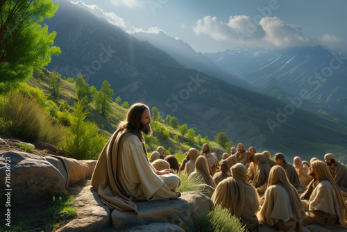 Jesus Teaching People Through Parables On Mountain Surrounded By Nature photo