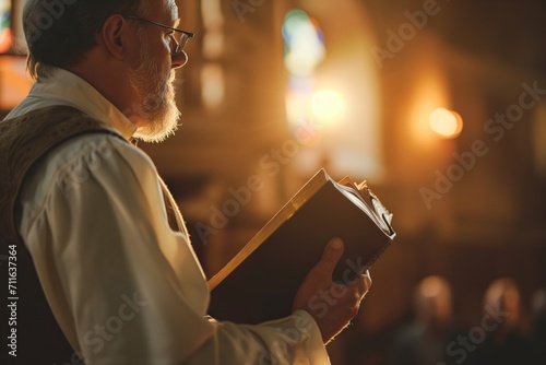 Religious Leader Holding Bible, Delivering Sermon Before Congregation, Radiating Spiritual Guidance photo