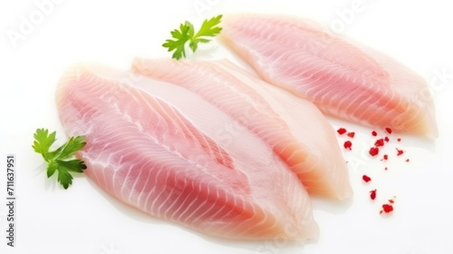 Raw tilapia fillet fish isolated on white background for cooking food/Fresh fish fillet sliced for steak, photo