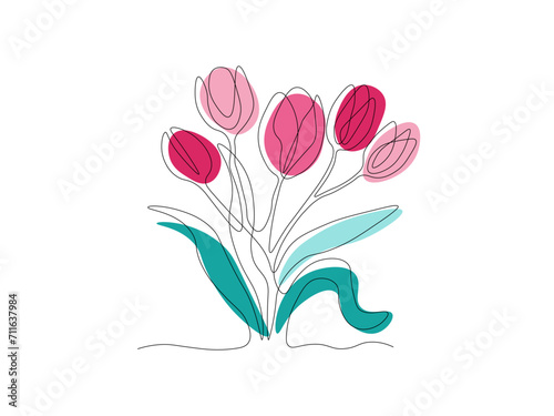 Abstract bouquet of tulips ,continuous one line art hand drawing sketch