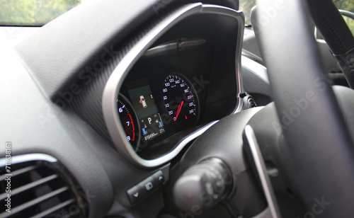 Steering Wheel, Shifter And Backlight Of Central Dashboard Inside Car Detailed Side View   © AnyVIDStudio