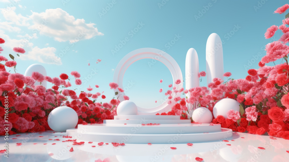 Empty white round podium on red gradient roses garden and summer blue sky background for  cosmetic product presentation, valentine's day concept - obrazy, fototapety, plakaty 