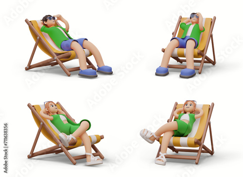 Set of vector vacationers in cartoon style. Realistic characters, view from different sides. Man and woman lie in beach lounger chairs. Isolated illustrations