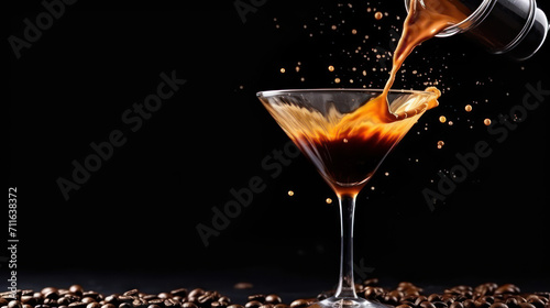 Espresso Martini drink with splashes and coffee beans floating in the air, black wall background. Copy space. photo