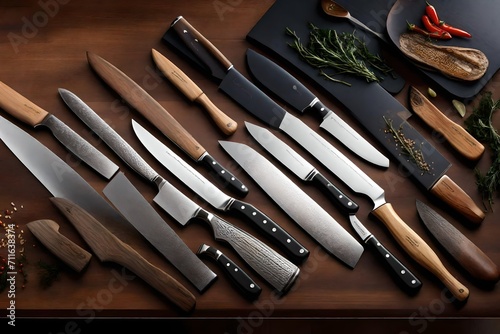 Envision a culinary symphony as you visualize a set of kitchen knives standing on the table, each blade gleaming under the perfect lighting.