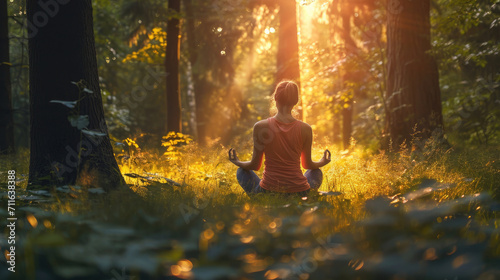 Back of woman relaxingly practicing meditation yoga in the forest to attain happiness from inner peace wisdom serenity with beam of sun light for healthy mind wellbeing and wellness soul concept photo