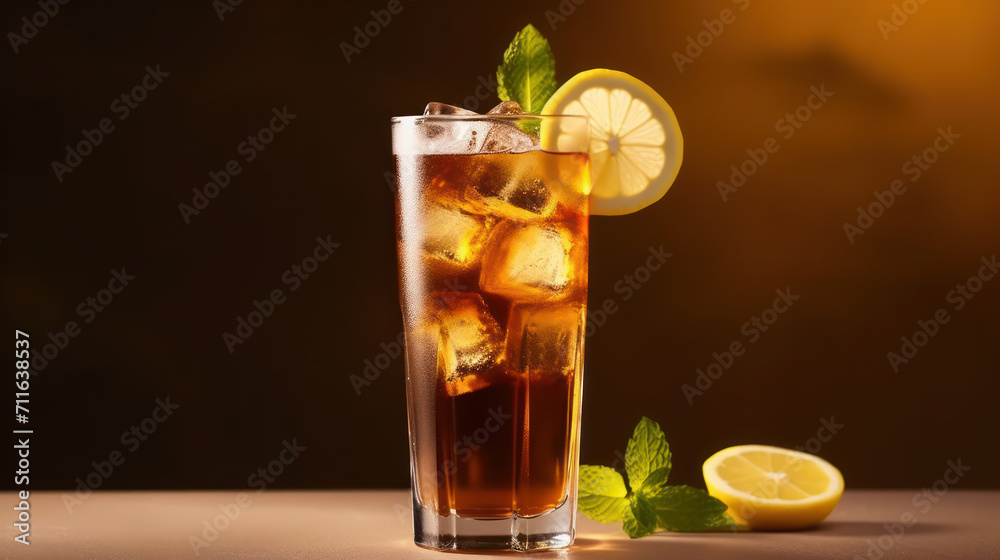 Long Island ice tea cocktail drink with vodka, rum, tequila, gin, liquor, lemon juice, cola and ice with lemon slice and mint in highball glass. Beige background, hard light, Long Island ice tea cocktail drink with vodka, rum, tequila, gin, liquor, lemon juice, cola and ice with lemon slice and mint in highball glass. Beige background, hard light,