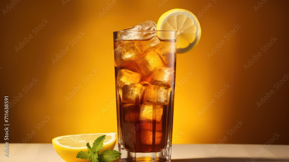 Long Island ice tea cocktail drink with vodka, rum, tequila, gin, liquor, lemon juice, cola and ice with lemon slice and mint in highball glass. Beige background, hard light, Long Island ice tea cocktail drink with vodka, rum, tequila, gin, liquor, lemon juice, cola and ice with lemon slice and mint in highball glass. Beige background, hard light,