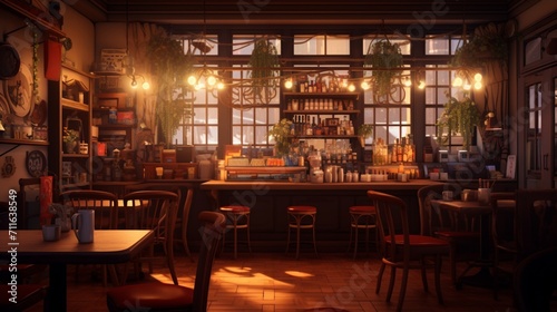 A cozy coffee shop interior with warm lighting and inviting ambiance, offering an unobtrusive space for text placement amidst the comforting atmosphere - Generative AI photo