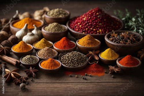 variety of spices in bowls  