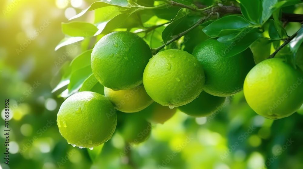 Limes tree in the garden are excellent source of vitamin C. Green organic lime citrus fruit hanging on tree. Limes tree in the garden are excellent source of vitamin C. Green organic lime citrus fruit hanging on tree.