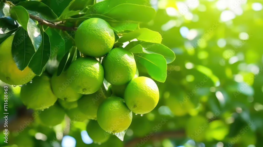 Limes tree in the garden are excellent source of vitamin C. Green organic lime citrus fruit hanging on tree.