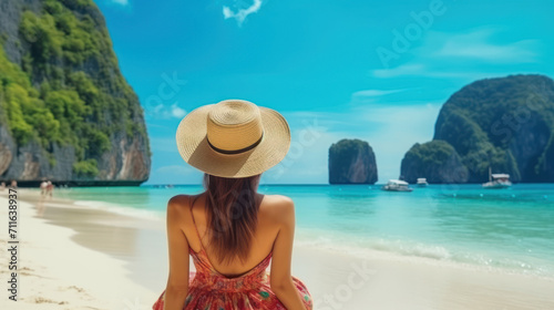 Traveler Asian woman in summer dress joy relaxing on sunny beach.