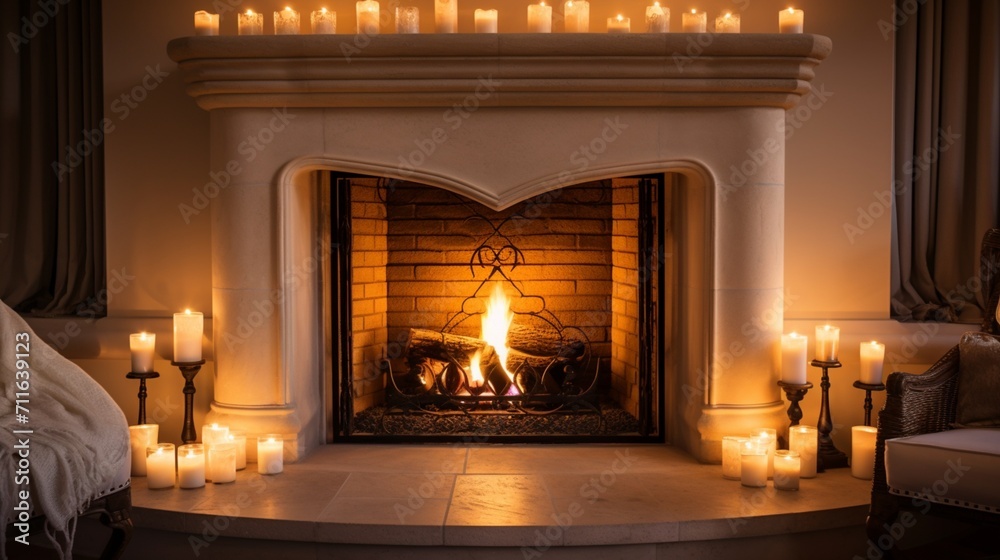 A cozy fireplace with flickering candles and heart-shaped decorations, offering space for text overlay against the romantic hearth ambiance. - Generative AI
