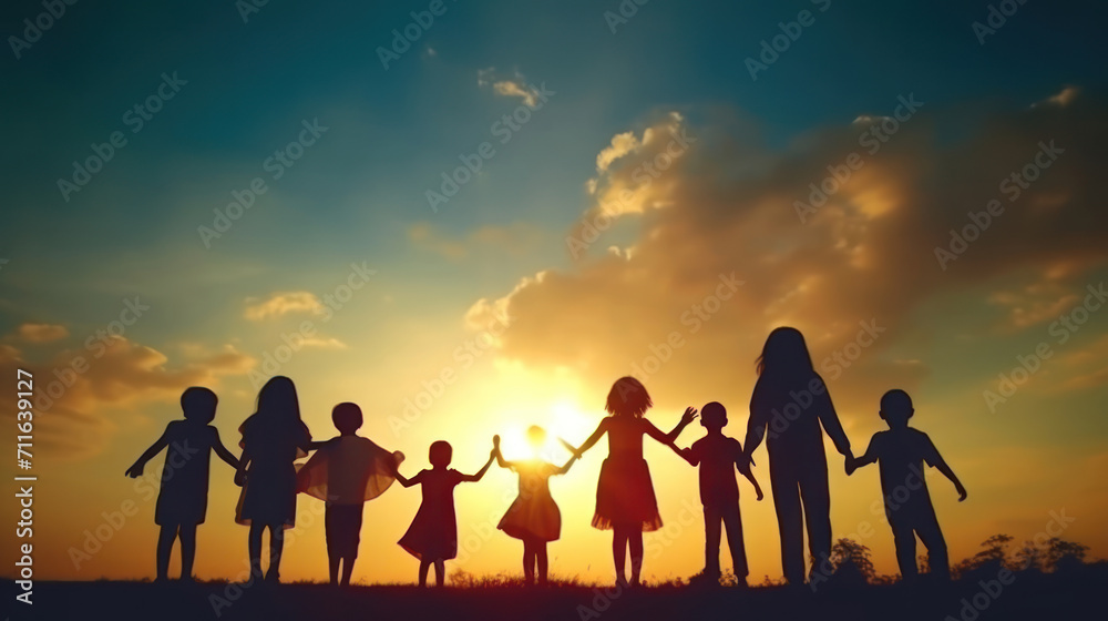 silhouette of family on sunset background silhouette of family on sunset background