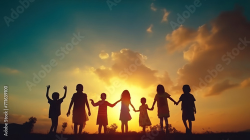 silhouette of family on sunset background