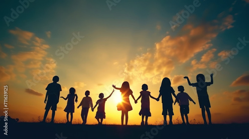 silhouette of family on sunset background