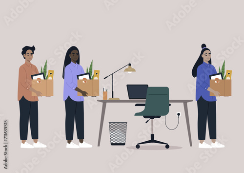 The turnover concept unfolds with a group of employees lined up, anticipating the workplace to become available for the next individual in the queue