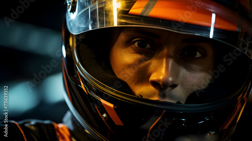A race car driver is clad in a helmet and racing suit, his intense gaze fixed forward, ready for high-speed competition.Generative ai   © Mina Nida