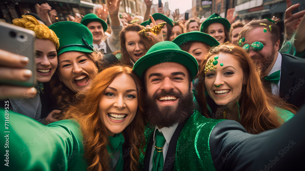 group of people dressed in green taking a selfie, celebrating st. patrician's day - obrazy, fototapety, plakaty 
