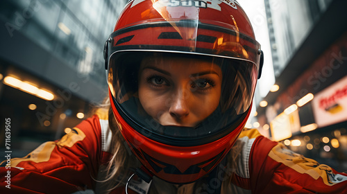 A race car driver is clad in a helmet and racing suit, his intense gaze fixed forward, ready for high-speed competition.Generative ai