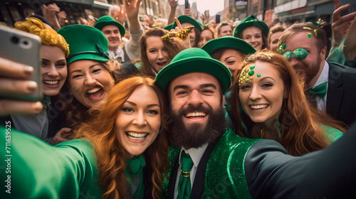 group of people dressed in green taking a selfie, celebrating st. patrician's day photo