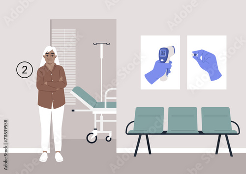 An elderly individual patiently waits in the hospital corridor, anticipating their annual checkup